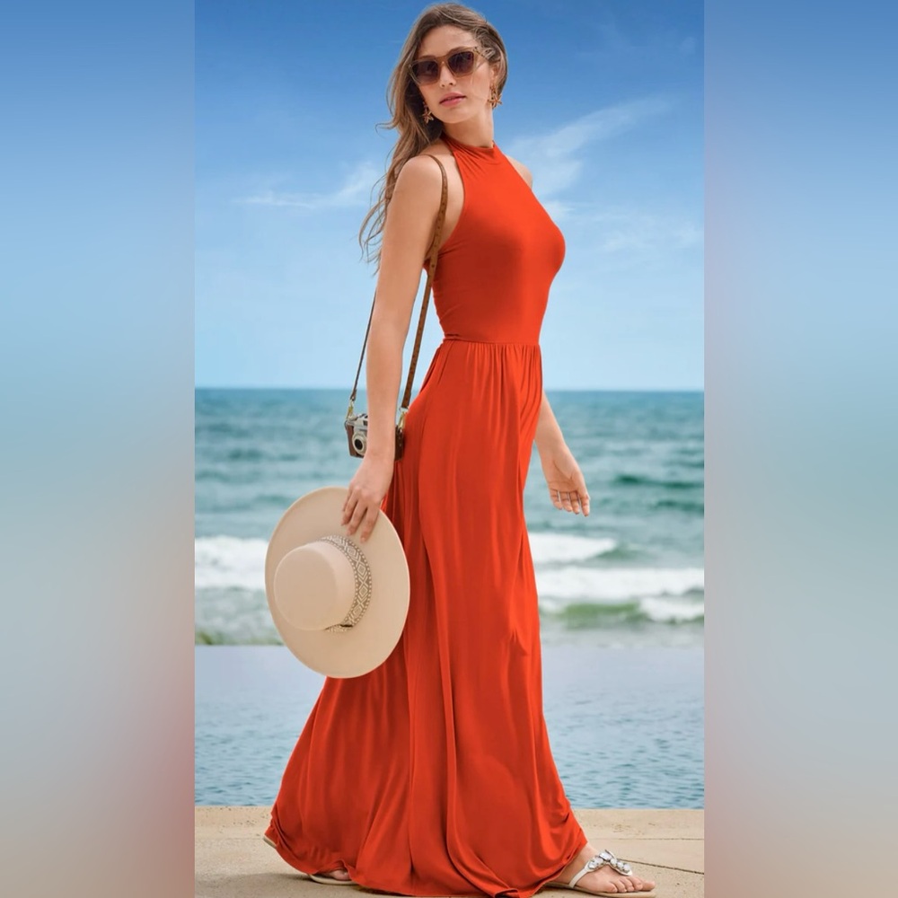 VENUS Bright Tangerine-Colored Halter Maxi Dress w Pockets Ties at Neck Backless - Picture 11 of 14